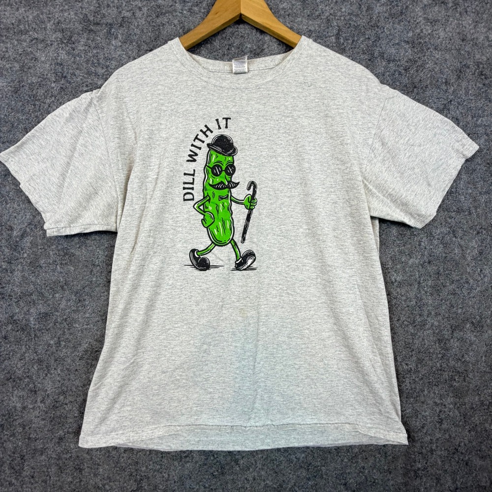 Fruit of the Loom Graphic T-Shirt Mens L Gray Funny Dill With It Pickle Tee